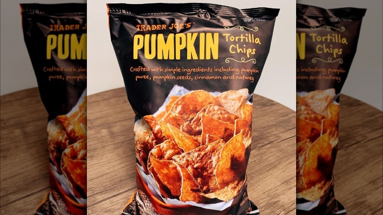 Bag of TJ pumpkin tortilla chips