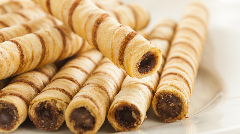 closeup of pirouette rolled wafer cookies