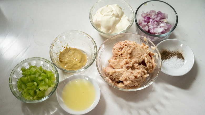 tuna salad ingredients in bowls