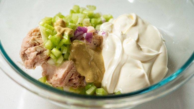 tuna salad ingredients in bowl