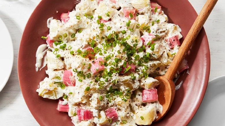 rhubarb potato salad in bowl