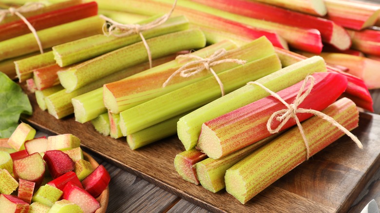 rhubarb bundles on cutting board