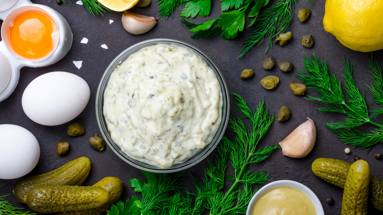 Creamy dip with lemon, capers, garlic, egg, and dill 