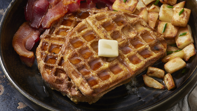 French toast waffles with potatoes and bacon