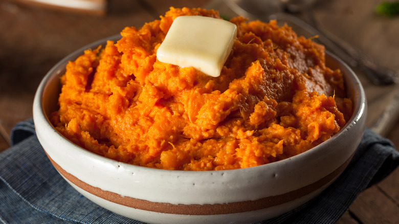 Bowl of buttery mashed sweet potatoes