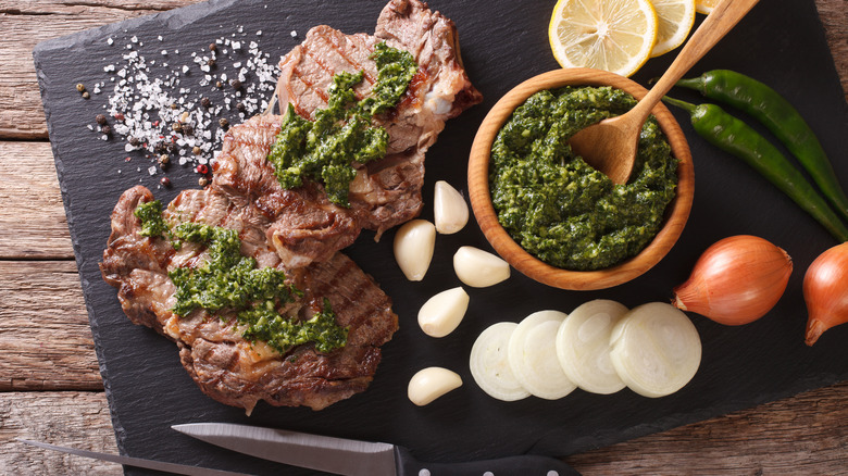 Pesto on grilled steak