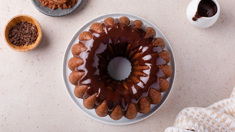 Chocolate cake baked in a bundt pan