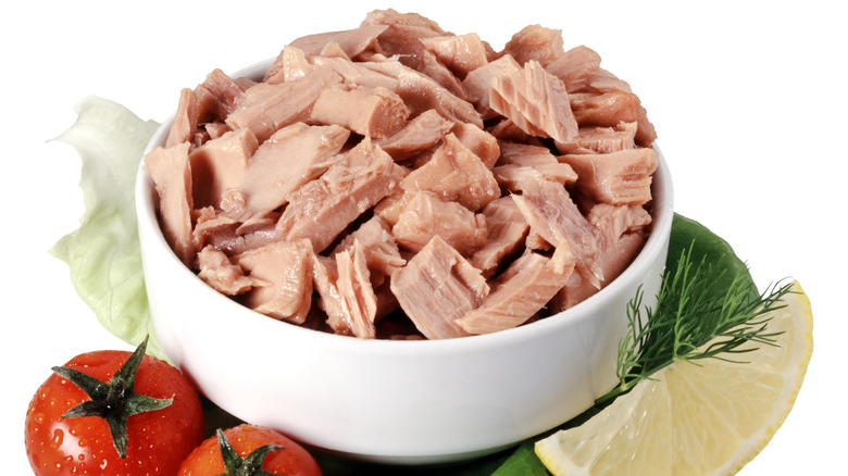 Canned tuna chunks in a bowl