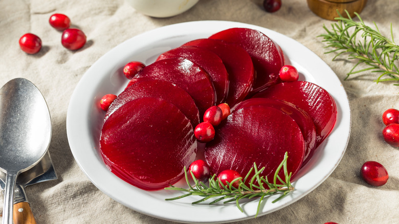 Sliced canned cranberry sauce on plate