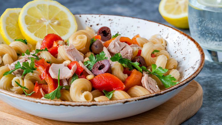 tuna pasta salad in bowl