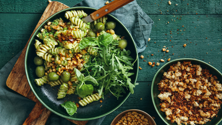 pesto pasta salad in bowl