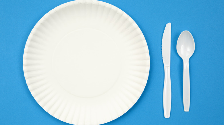 Paper plate, plastic knife and spoon