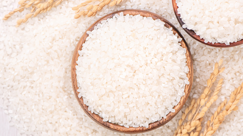 Bowl of uncooked, polished sushi rice.