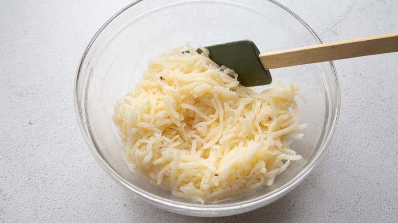 hash browns in a glass bowl