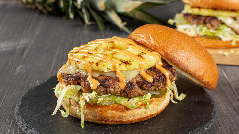 Burger with grilled pineapple ring