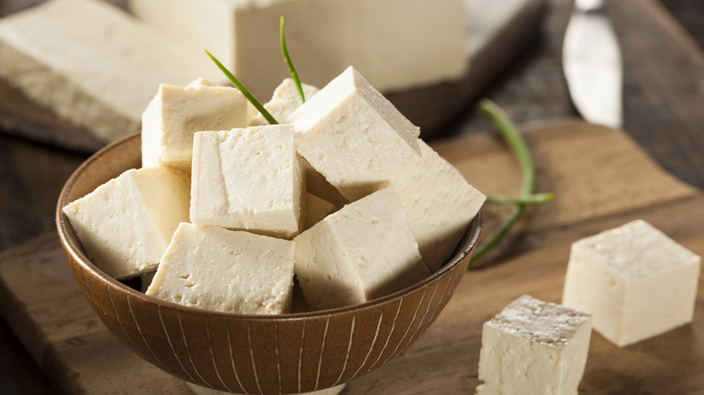 a bowl of tofu chunks