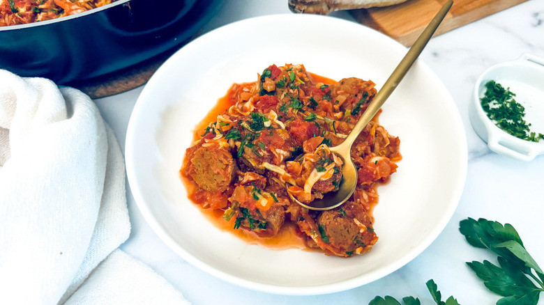 sausage and cabbage in bowl