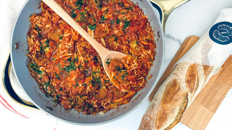 sausage and cabbage in pan