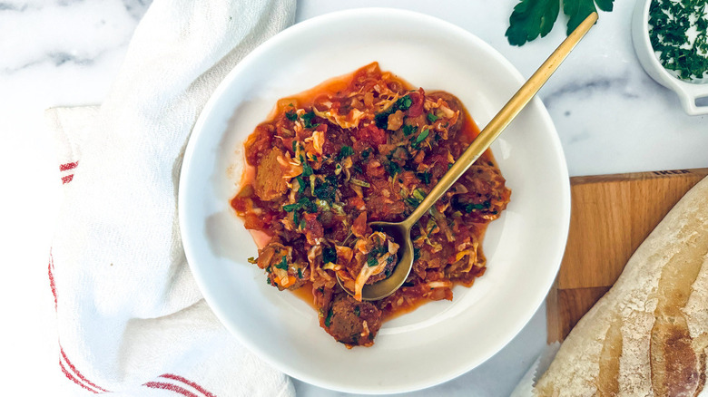 sausage and cabbage in bowl