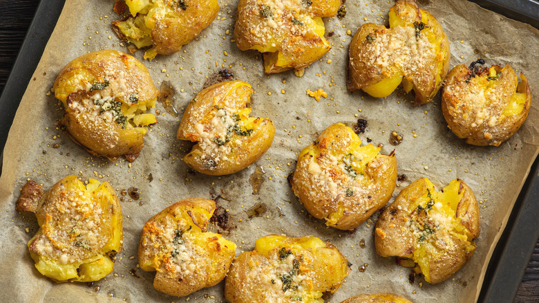 A pan of crispy smashed potatoes