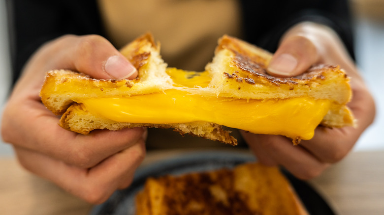 Person holding grilled cheese sandwich