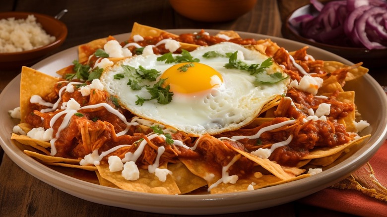 Plate of nachos with fried egg