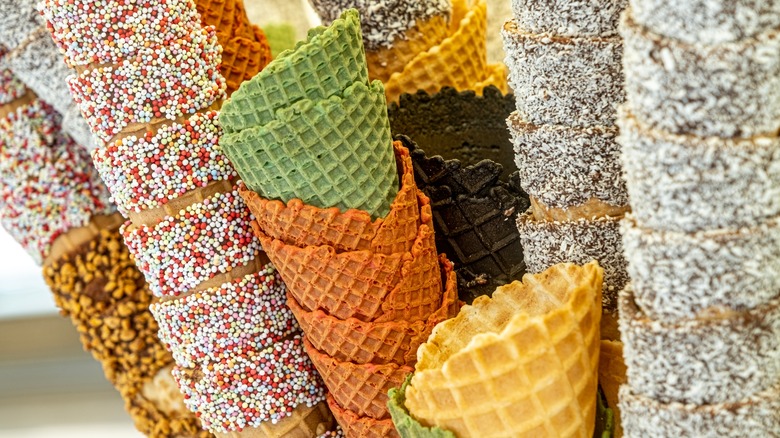 Stack of flavored ice cream cones