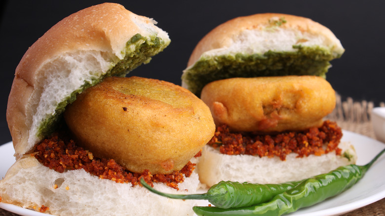 Vada pav mumbai street food with green and red chutney