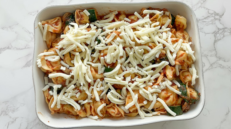 vegetable tortellini casserole before baking