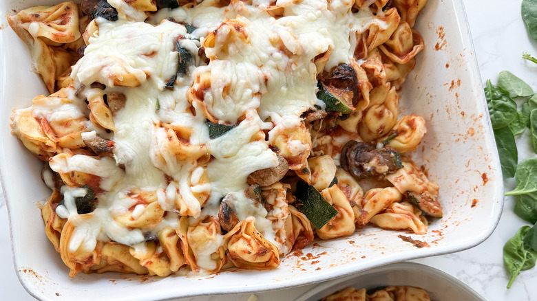 cheesy vegetable tortellini casserole after removed from oven