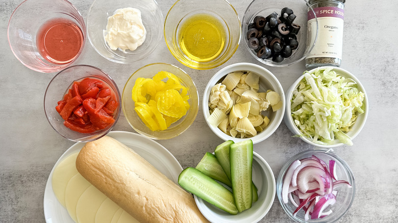 ingredients for vegetarian chopped Italian sandwich