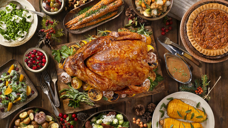 Overhead view Thanksgiving dinner table