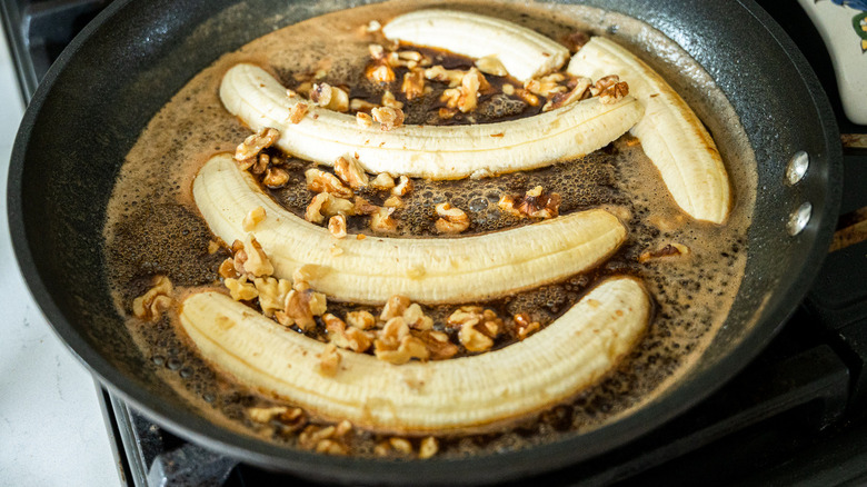 bananas cooking in syrup