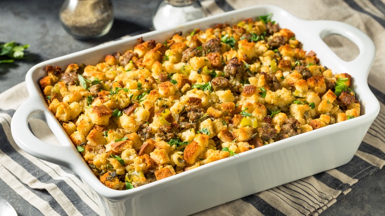 Stuffing in a white casserole dish