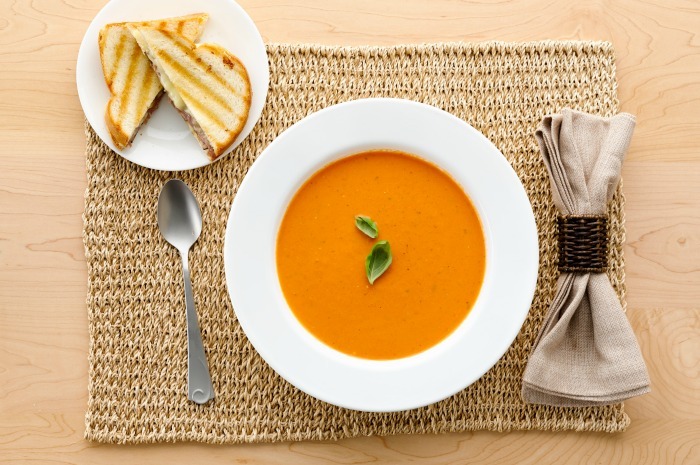 Cream of Tomato Soup with Fontina, Mushroom, and Truffle Grilled Cheese Sandwiches