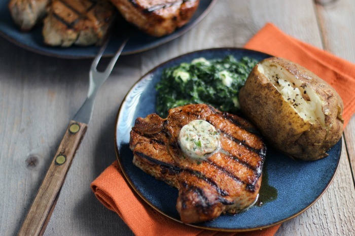 Dry-Rubbed Porterhouse Pork Chops with Steakhouse Butter