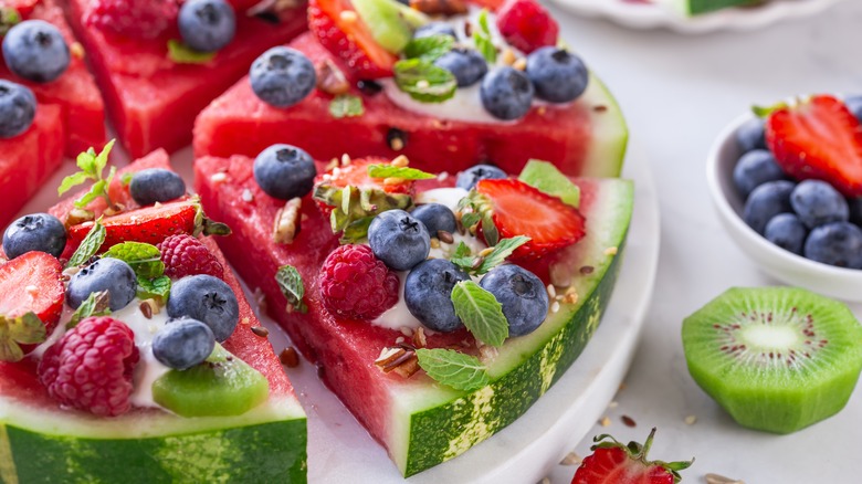 Close up of a watermelon pizza