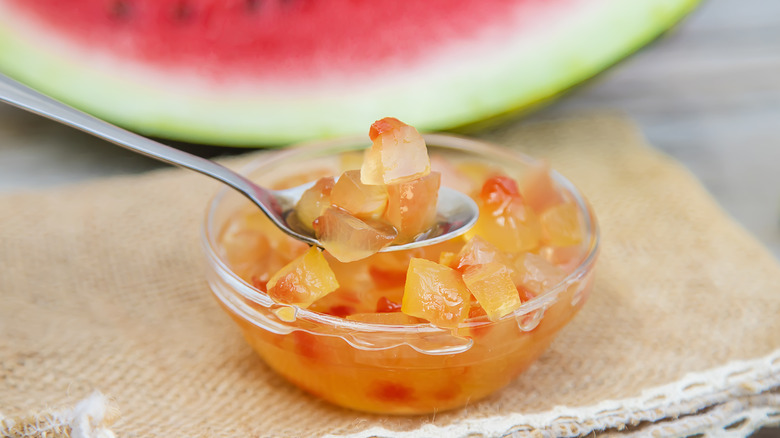 Watermelon rind jam in a glass bowl
