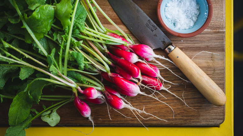 Radishes salt butter on board