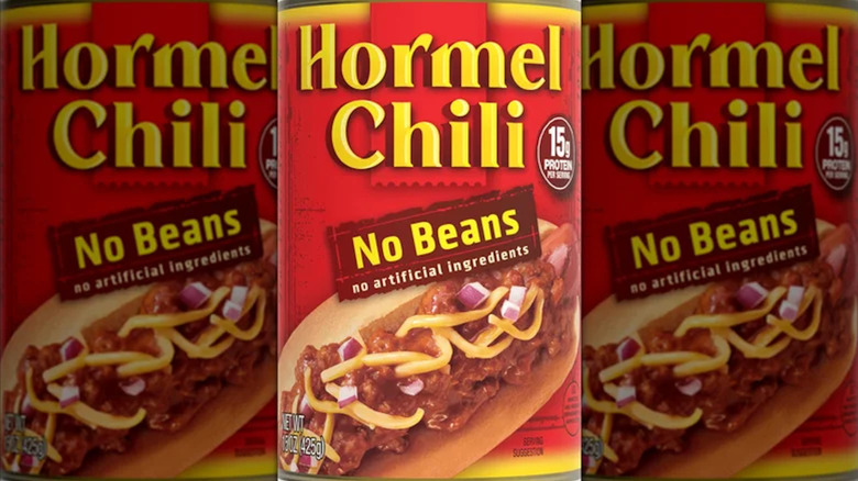 Close-up of Hormel Chili No Beans can