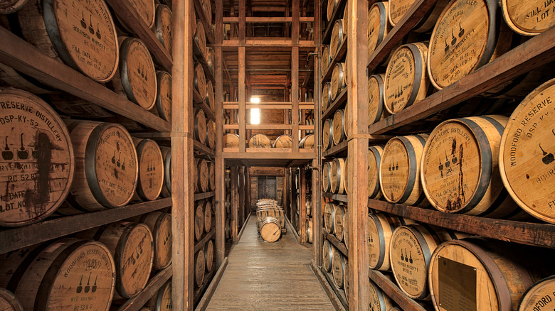 Barrels of whiskey in distillery