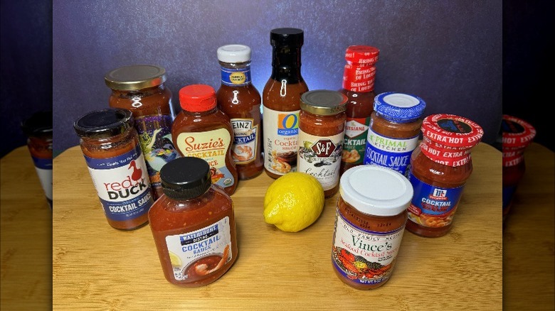 array of cocktail sauces and lemon