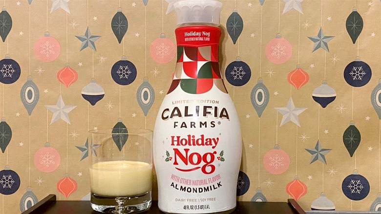 Califia Farms Holiday Nog bottle and glass