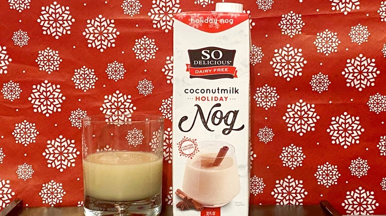 So Delicious coconutmilk holiday nog carton and glass