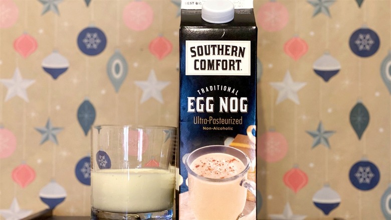 Southern Comfort traditional egg nog carton and glass