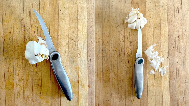 Garlic pierced with knife