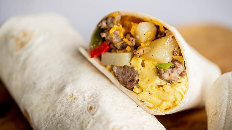 Close up of breakfast burrito filling