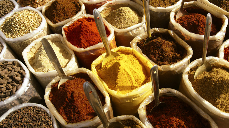 Various spices in sacks