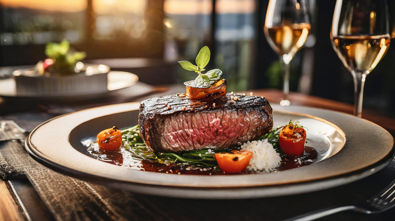 Steak and greens on black plate