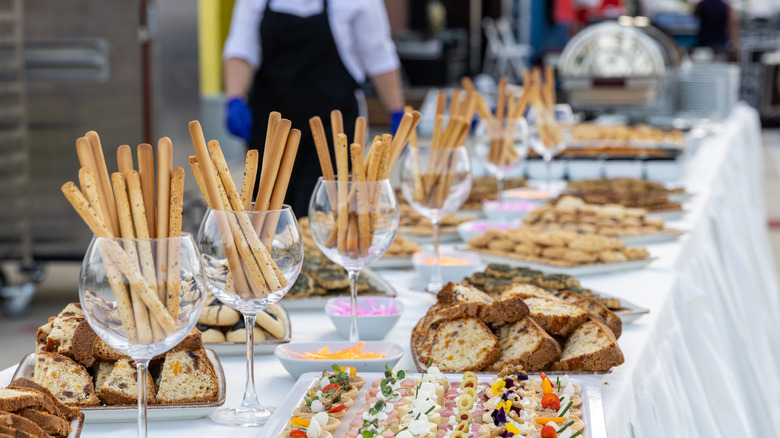 An assortment of breads on a buffet table